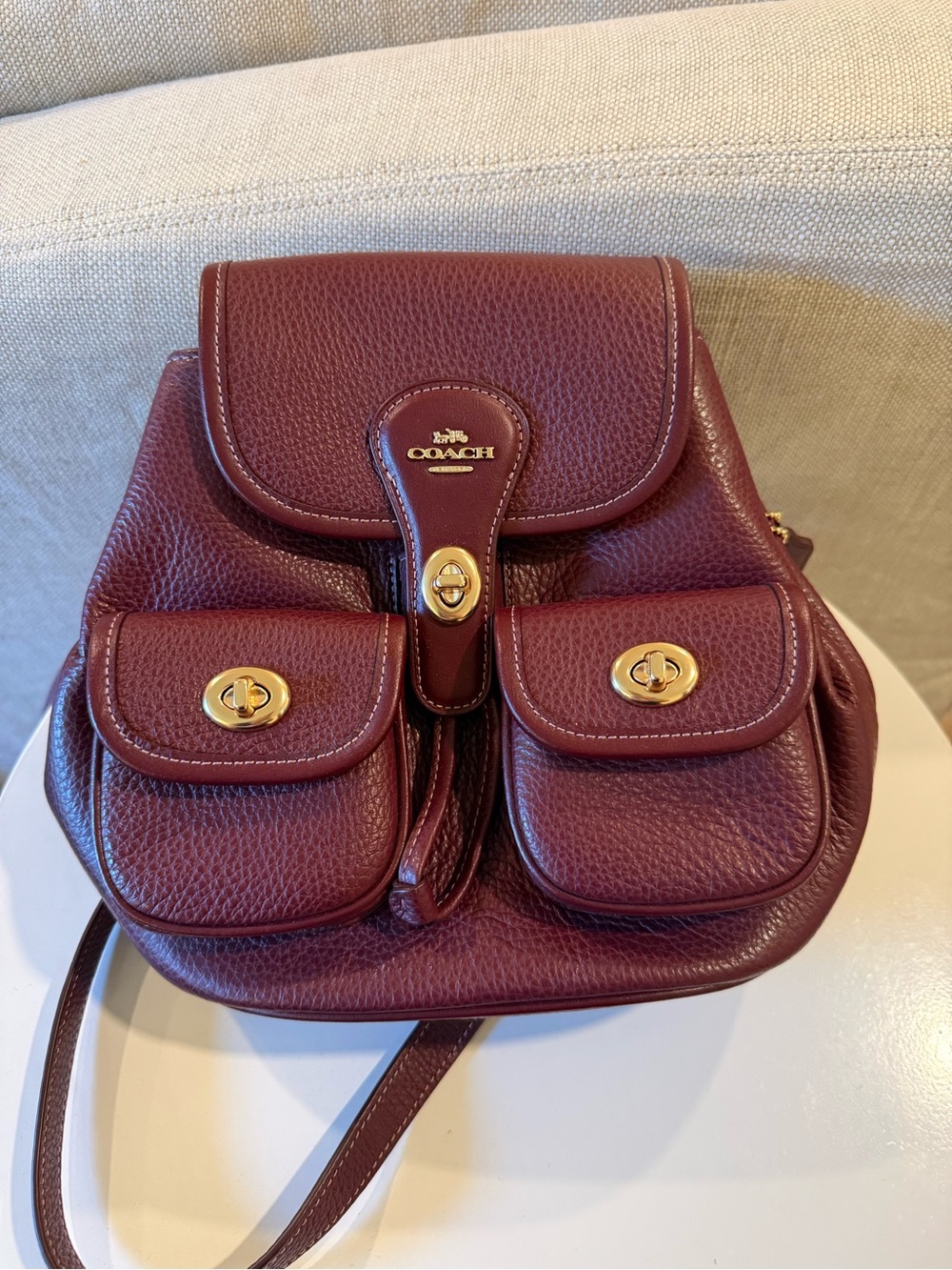 Coach Pebbled Leather Backpack in Burgundy with Gold Hardware